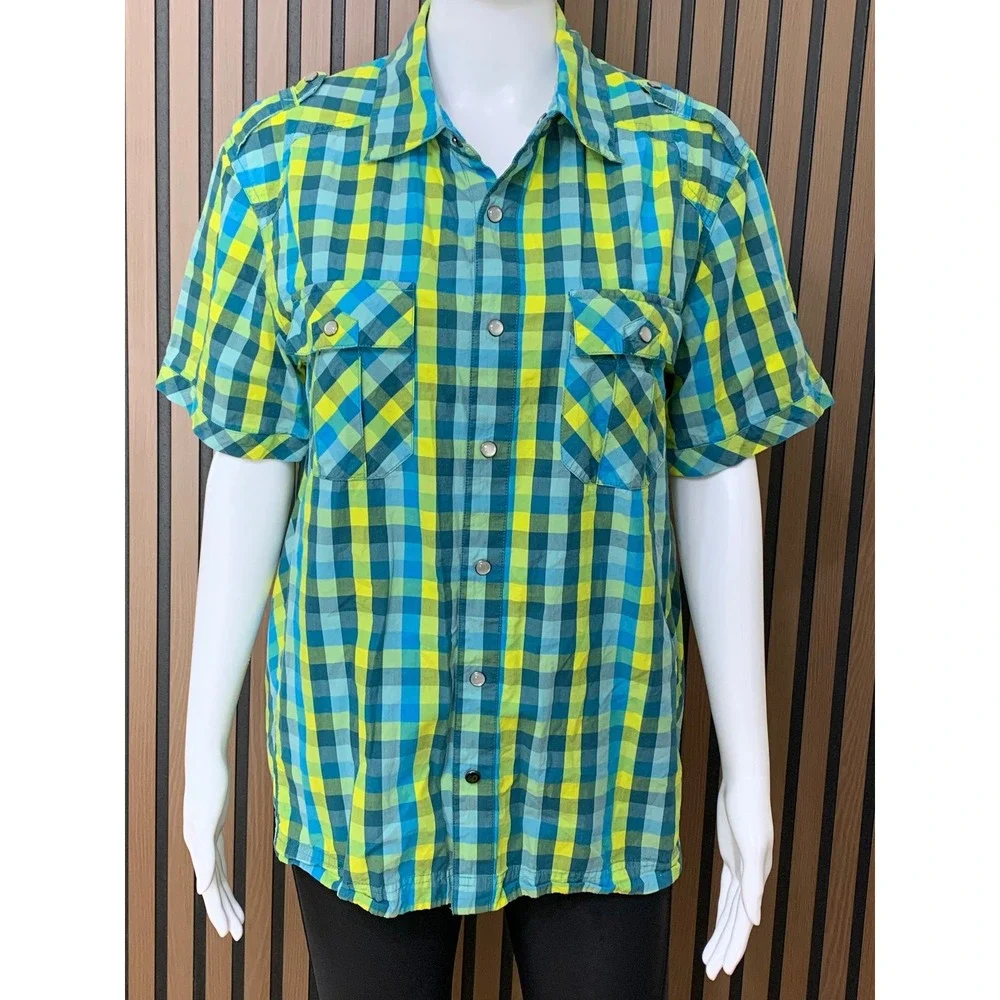 Mountain Hardwear Men's M Plaid Short Sleeve Button Down Shirt Blue Green